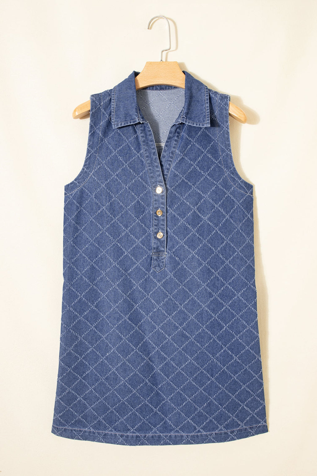 Denim Textured Collared V-Neck Sleeveless Mini Dress