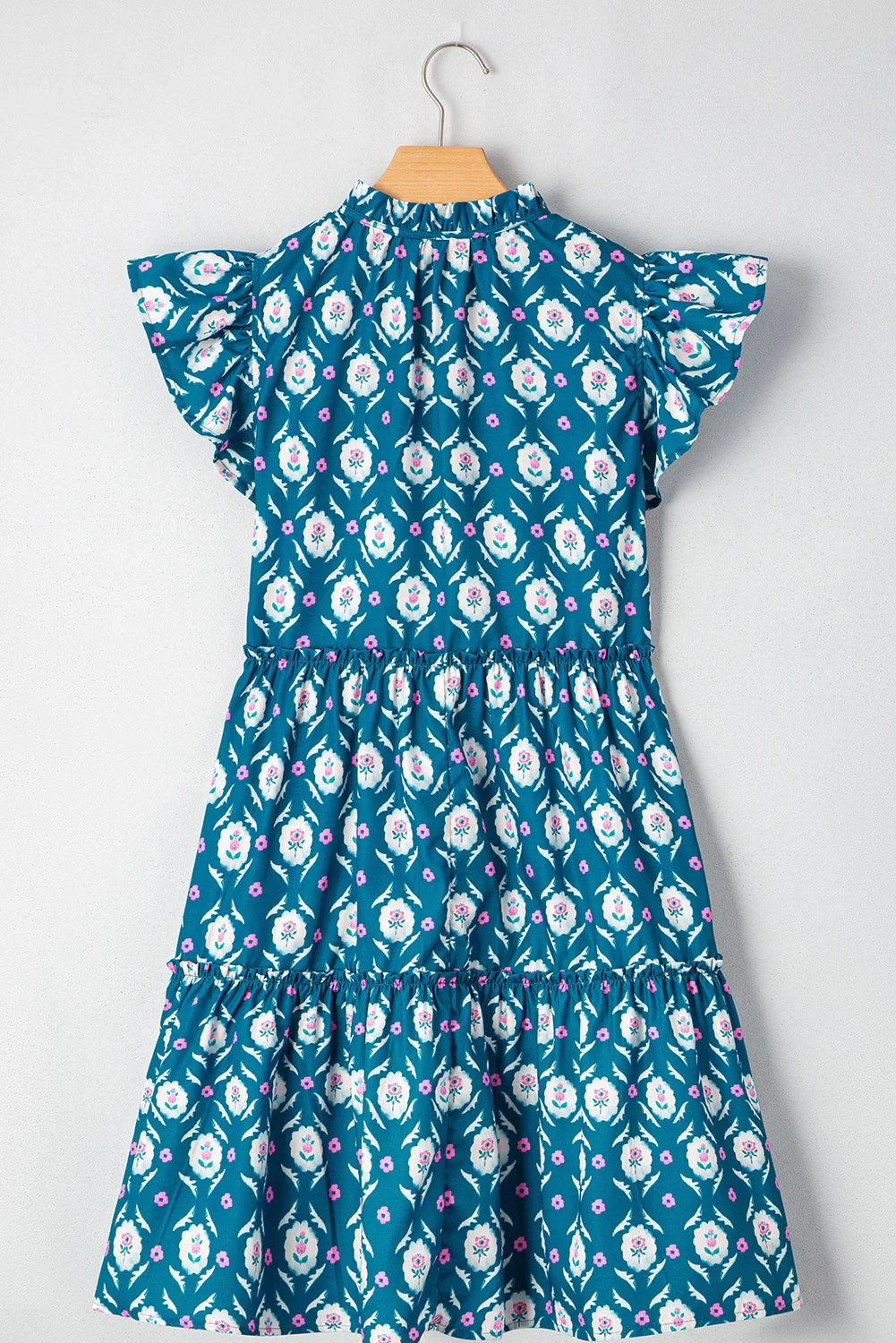 Floral Split Neck Ruffle Short Sleeve Dress