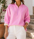 Pink Stripe Zipper Cuff Blouse