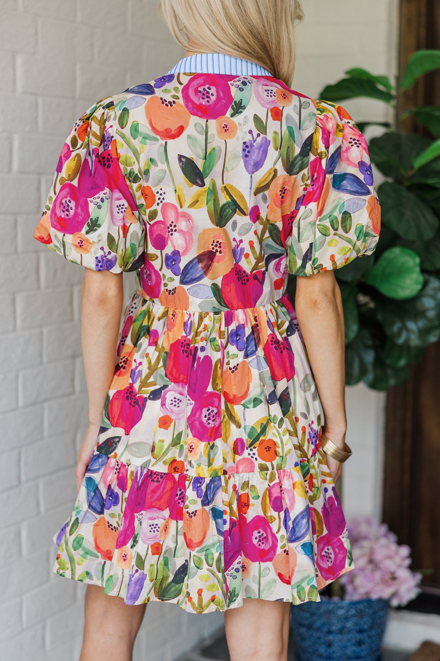 Floral Ricrac Trim Stripe Patchwork V-Neck Dress