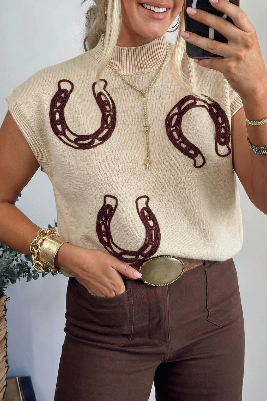 Western Corded Horseshoe Mock Neck Short Sleeve Sweater