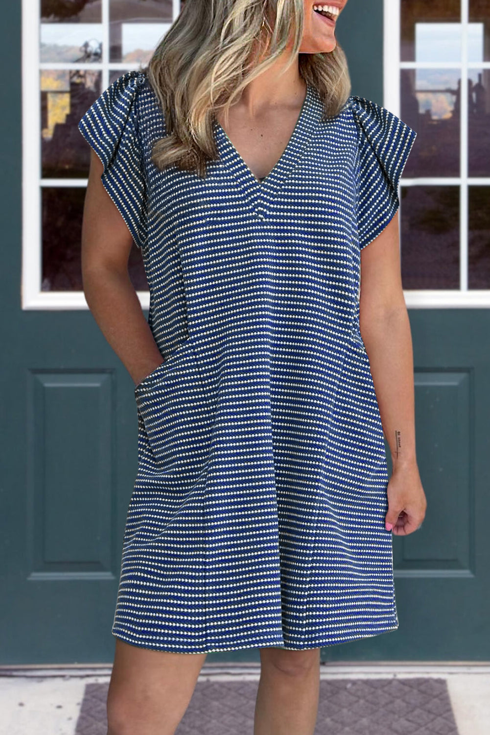 Stripe Textured Knit V-Neck Flutter Sleeve Mini Dress