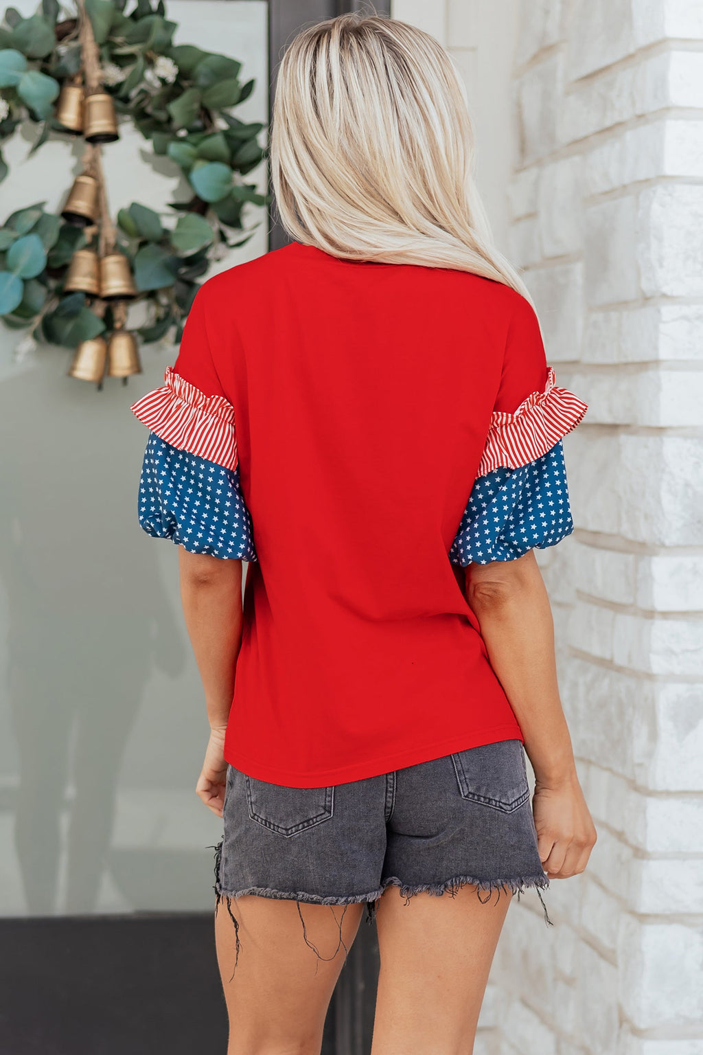 Stars & Stripe Patchwork Short Puff Sleeve Top