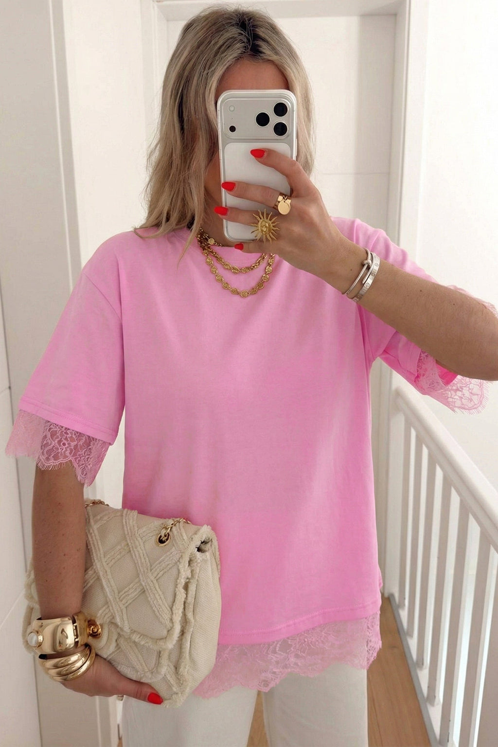 Floral Eyelash Lace Patchwork 3/4 Sleeve Tee
