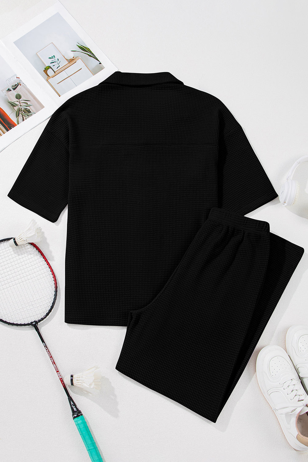 Solid Textured Buttoned Shirt and Pants Set