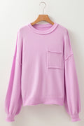 Solid Ribbed Raw Edge Drop Shoulder Sweater