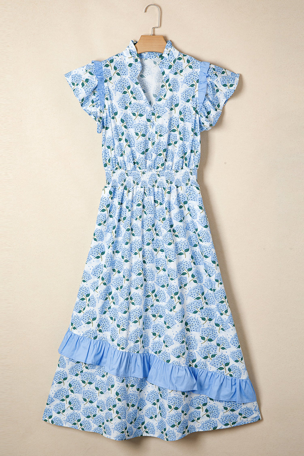 Floral Hydrangea Ruffle Trim Flutter Sleeve Maxi Dress
