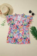 Floral Frilled Notch Neck Ruffle Sleeve Blouse