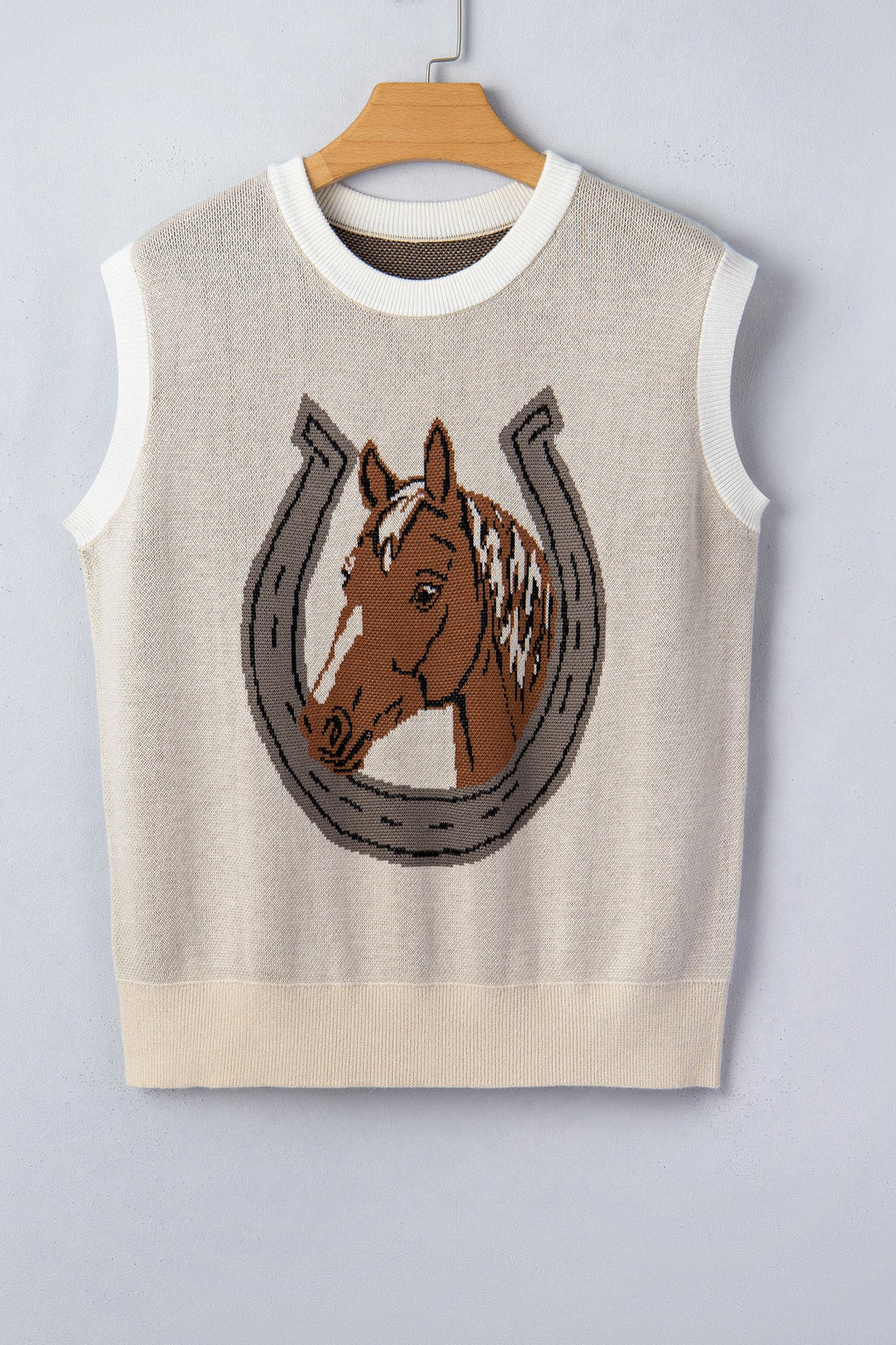 Western Horseshoe Colorblock Trim Sleeveless Sweater