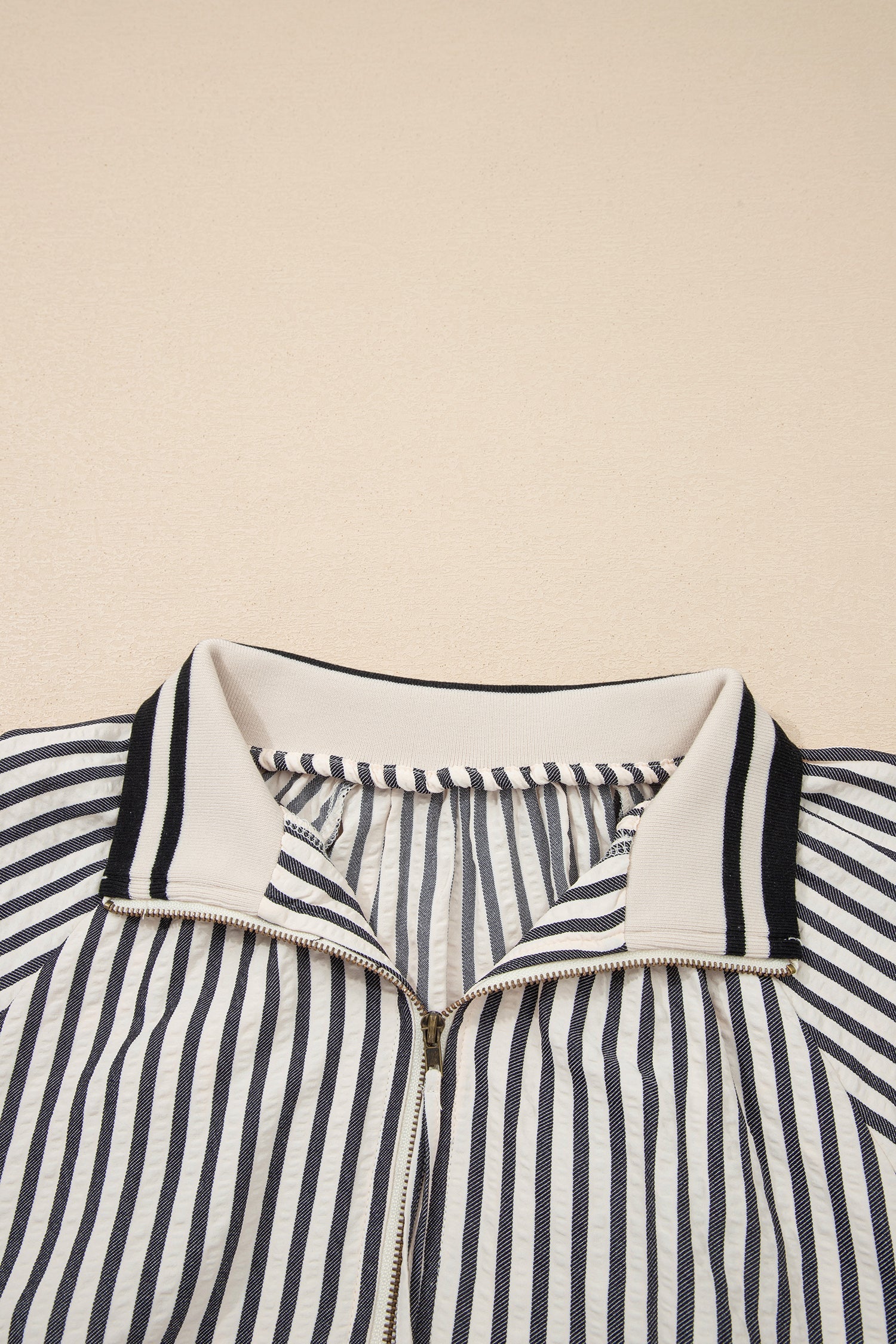 Stripe Half Zip Polo Collar Puff Sleeve Blouse