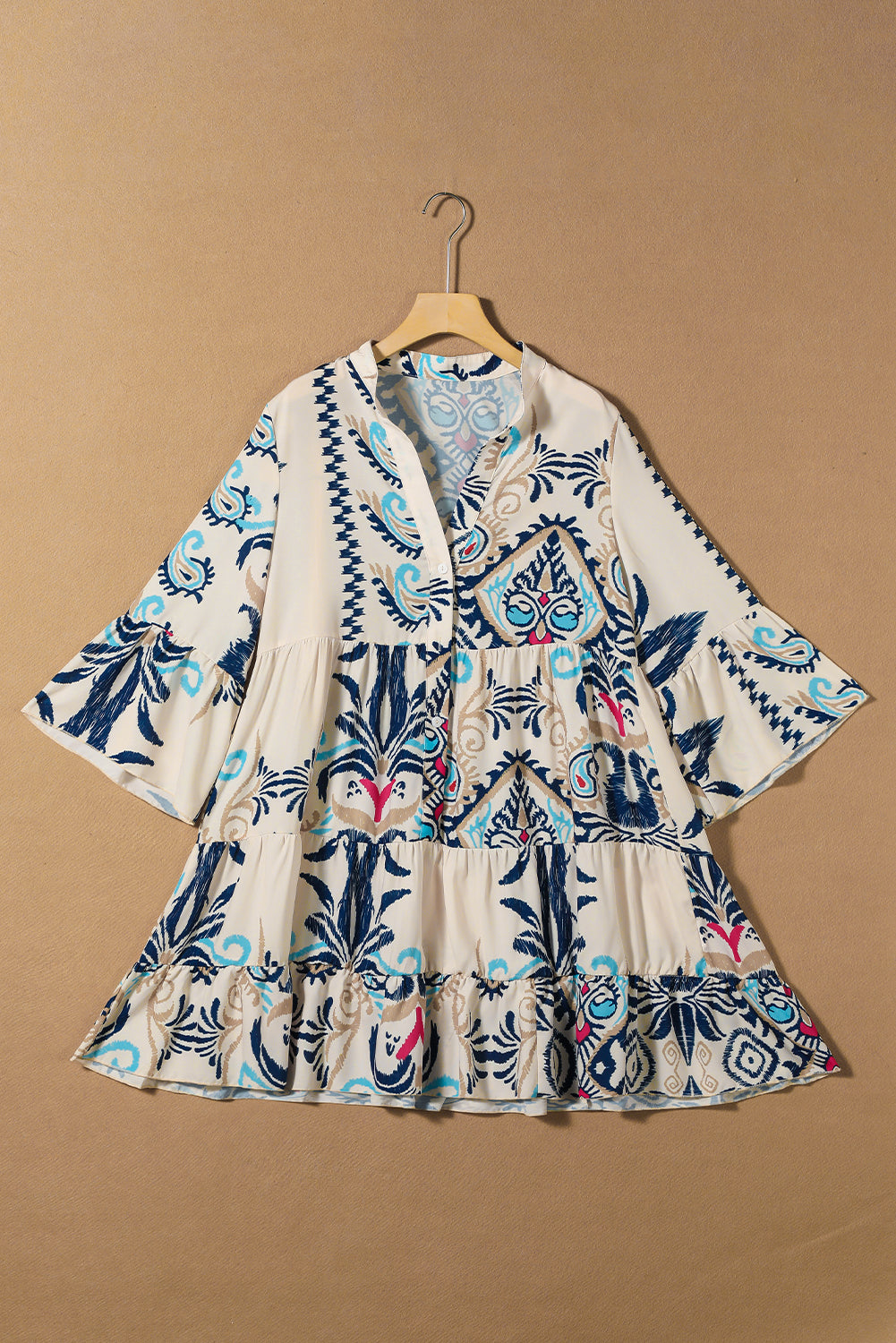 Boho Buttoned V-Neck 3/4 Sleeve Mini Dress