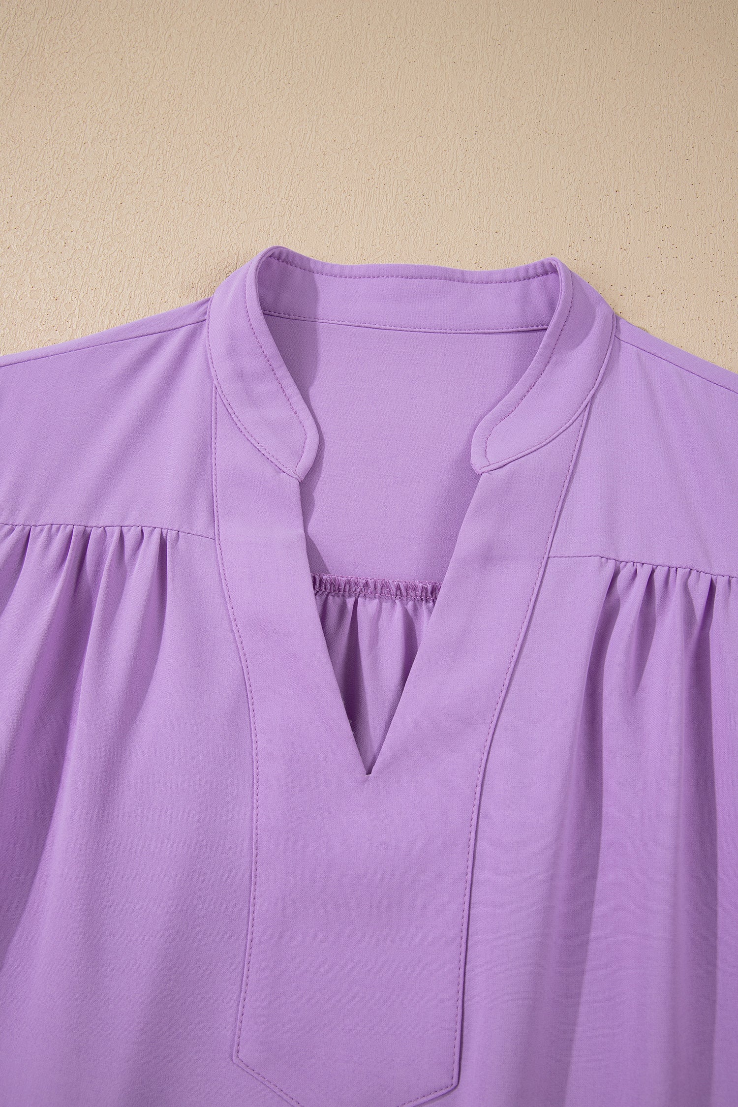 Solid Puff Sleeve Notched V-Neck Blouse
