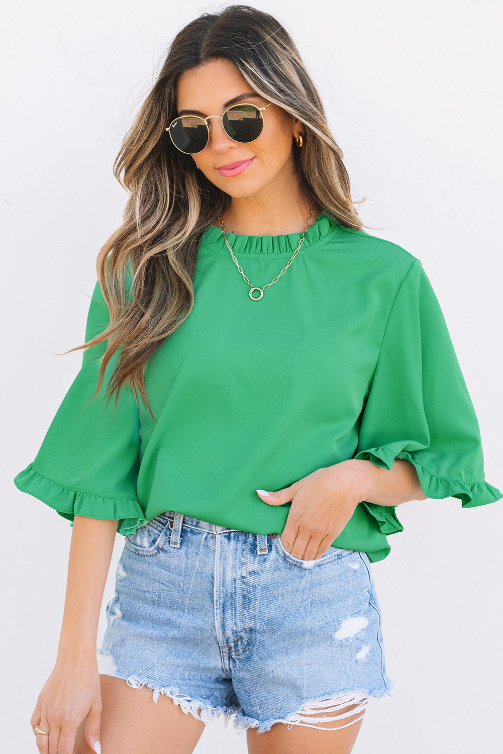 Frilled Round Neck Wide 3/4 Sleeve Blouse