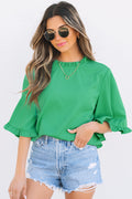 Frilled Round Neck Wide 3/4 Sleeve Blouse