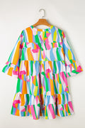 Abstract Ruffle Sleeve Notched V-Neck Dress