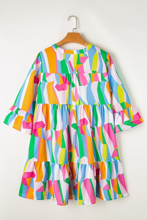 Abstract Ruffle Sleeve Notched V-Neck Dress