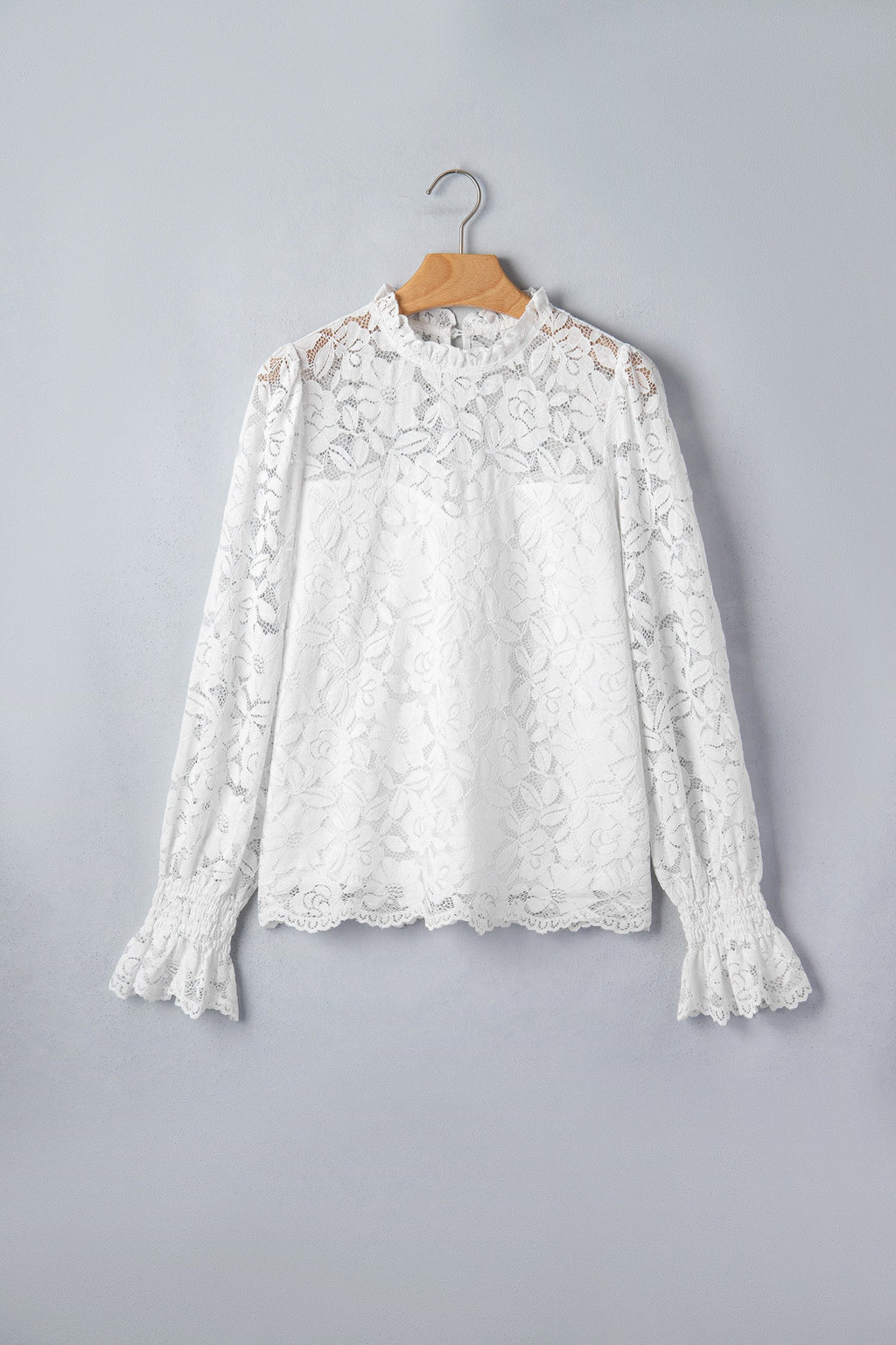 White Ruffled Sheer Lace Blouse