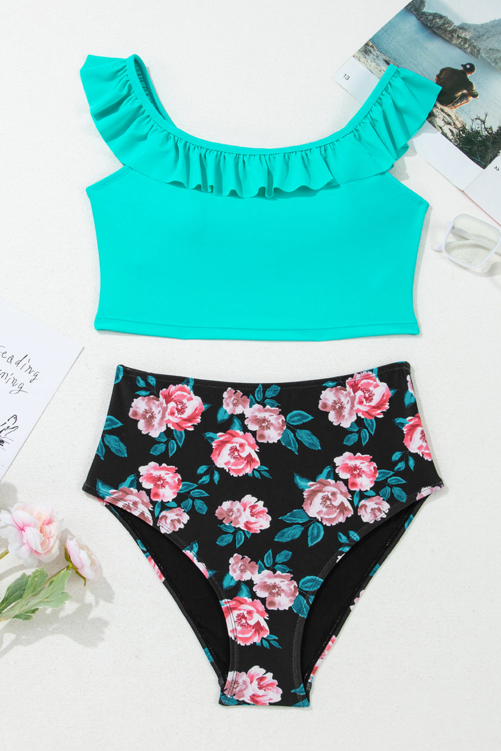 Solid Ruffle Top & Floral Bikini Set