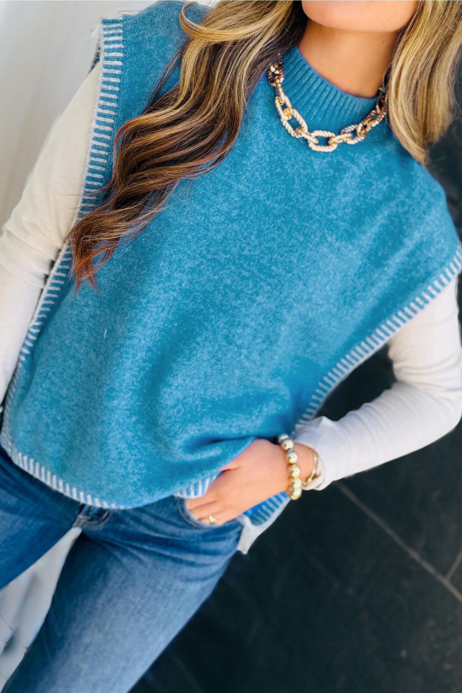 Contrast Stitch Tie Side Mock Neck Sleeveless Sweater
