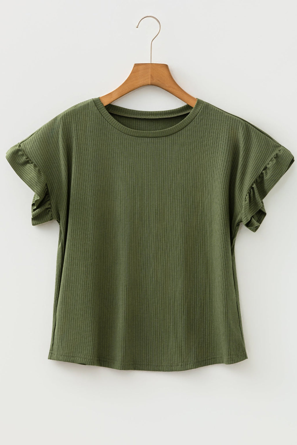 Solid Ribbed Knit Ruffle Short Sleeve T-Shirt