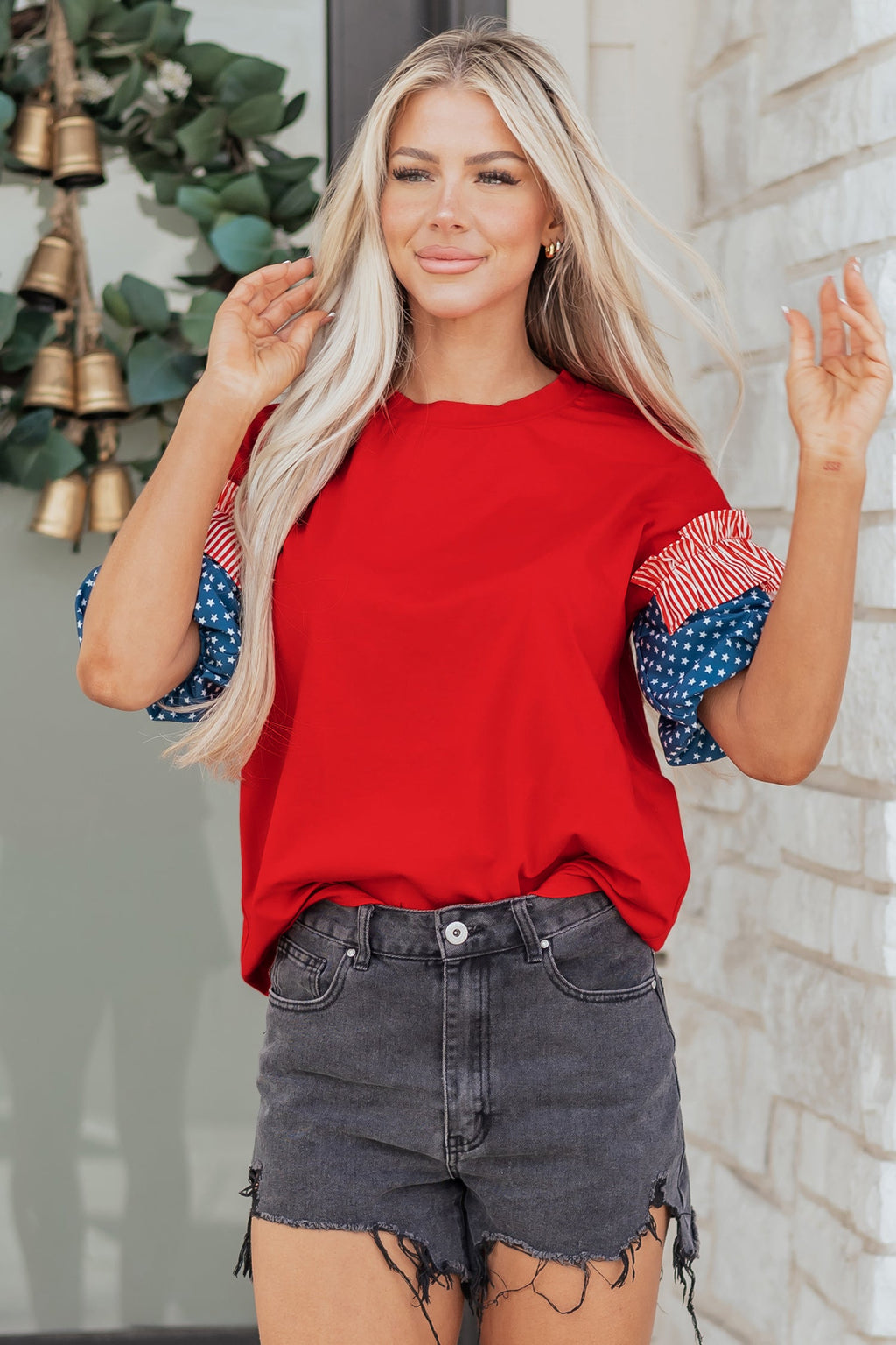 Stars & Stripe Patchwork Short Puff Sleeve Top