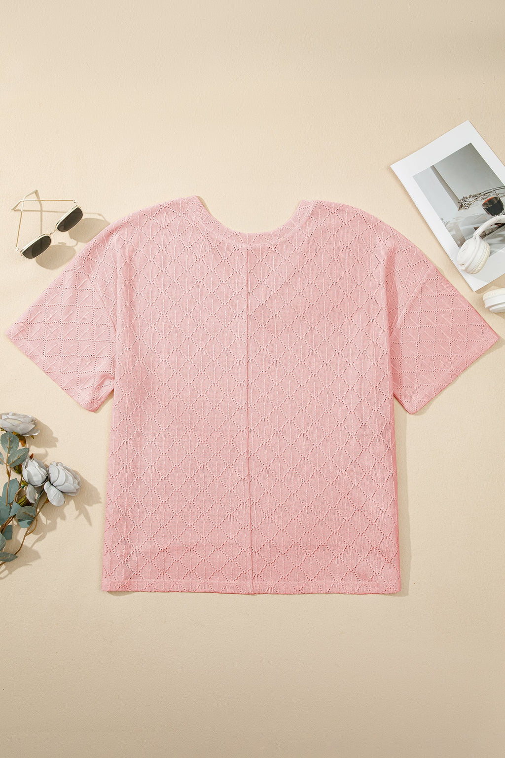 Plus Size Rhombus Pointelle Knit V-Neck Top