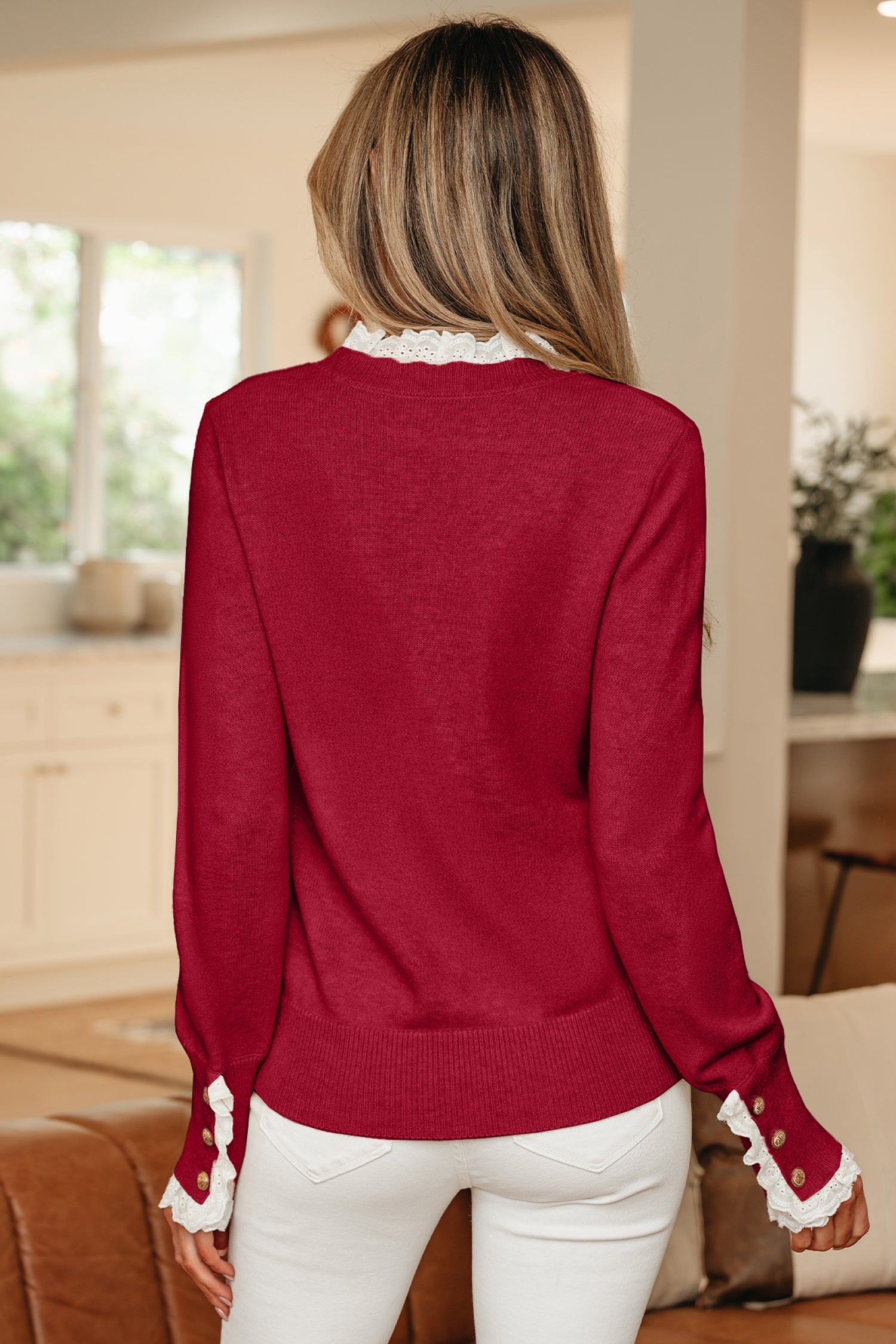 Lace Trim Patchwork Buttoned Cuff Sweater