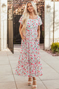 Floral Puff Sleeve Square Neck Tiered Dress