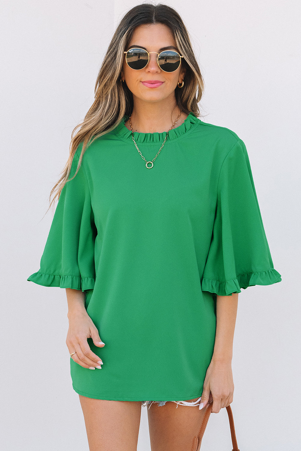 Frilled Round Neck Wide 3/4 Sleeve Blouse