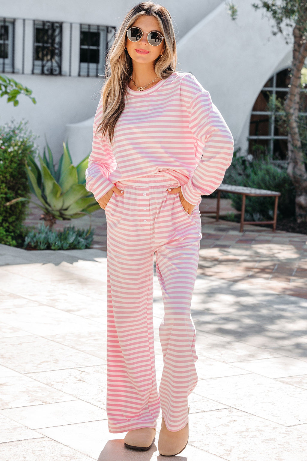 Stripe Drop Shoulder Top & Buttoned Pants Set