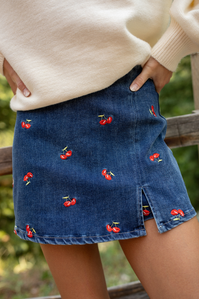 My Favorite Dark Wash Cherry Embroidered Side Slit Denim Skort SALE