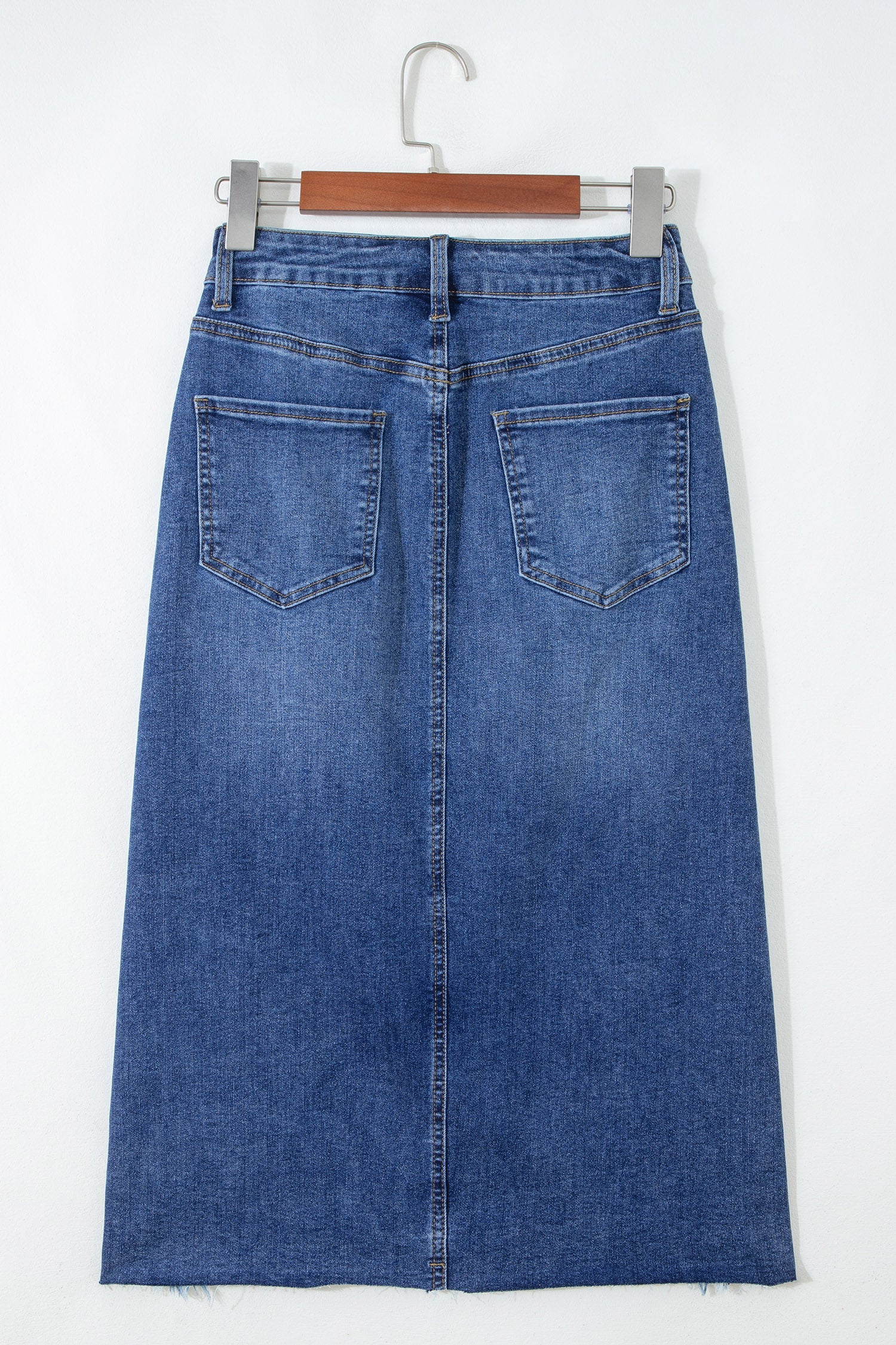 Denim Asymmetrical Distressed Midi Skirt