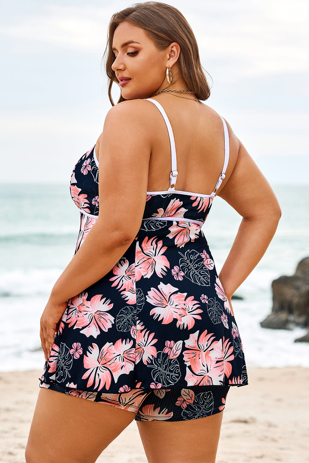 Plus Size Ribbed Contrast Trim Tankini Swimsuit Set