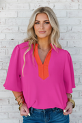 Colorblock Contrast V-Neck Wide Short Sleeve Top