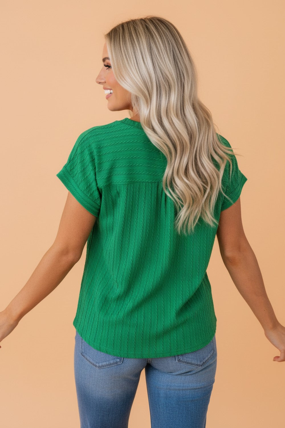 Cable Knit Textured V-Neck Short Sleeve T-Shirt