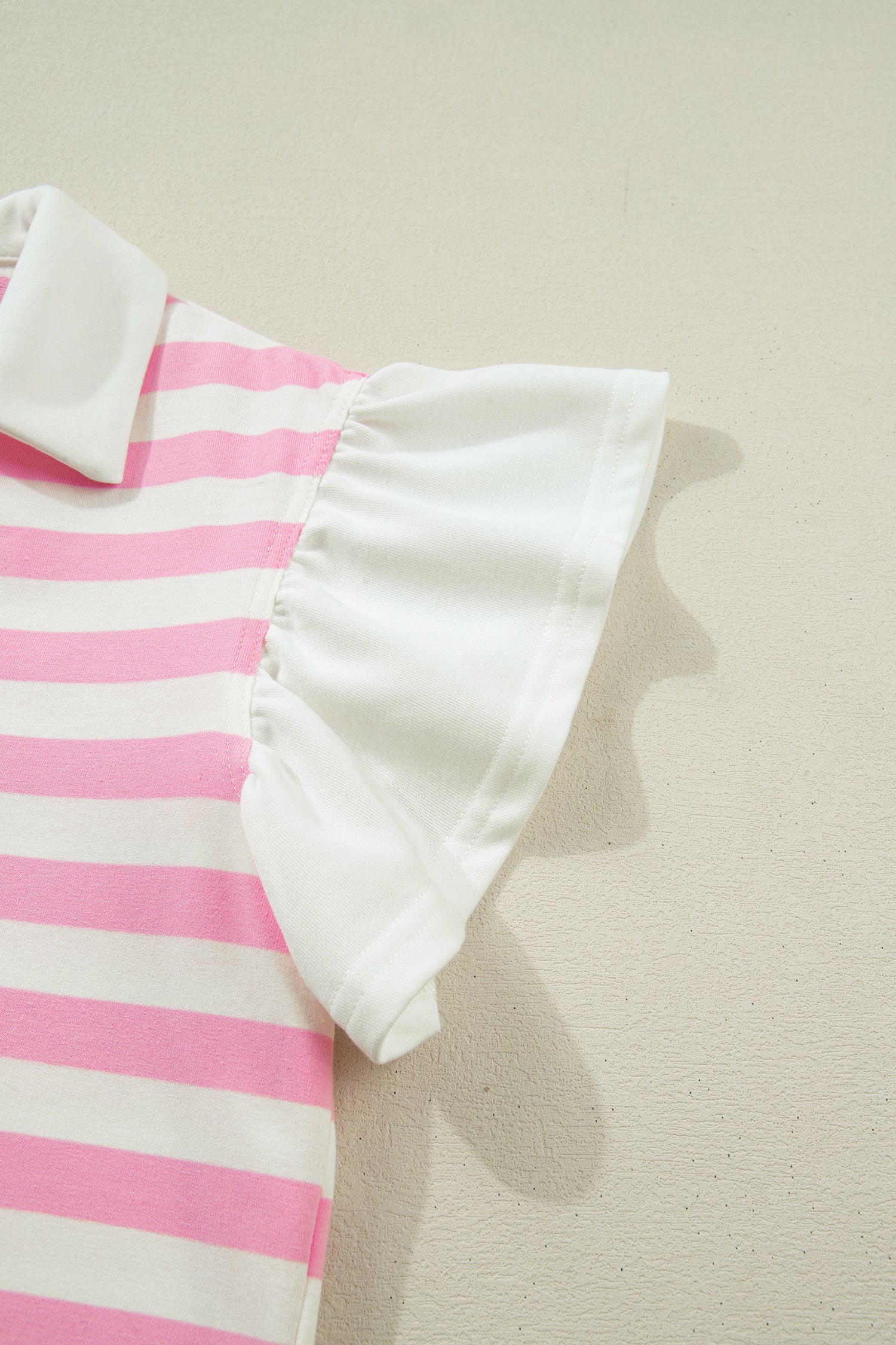 Stripe Collar V-Neck Ruffle Short Sleeve Blouse