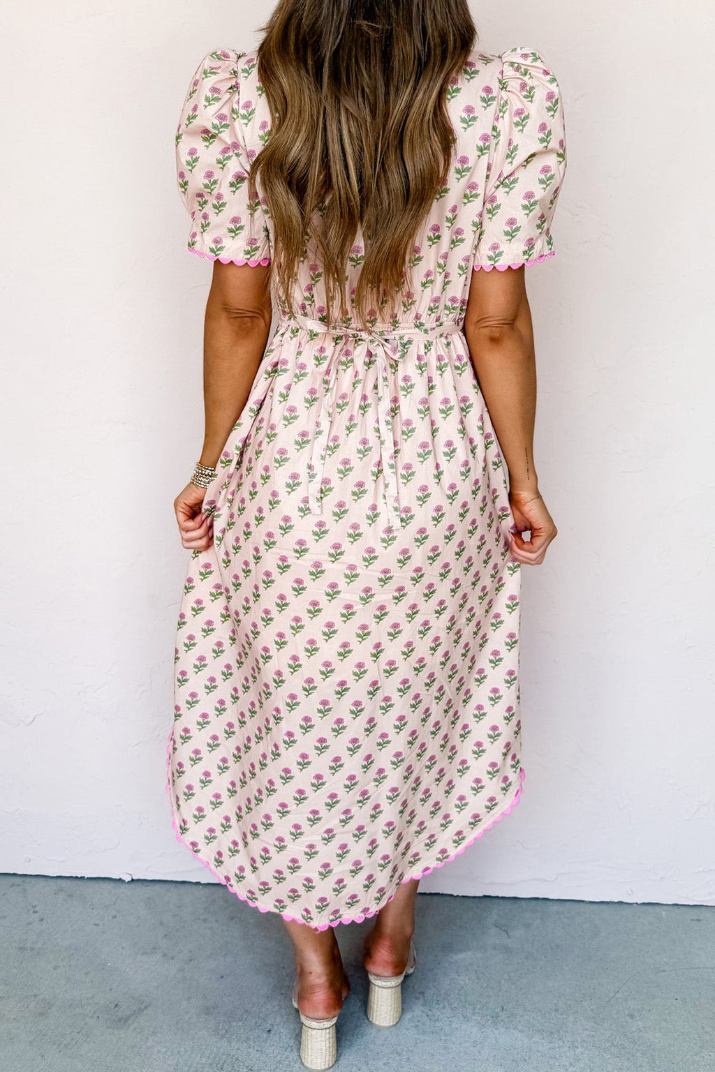 Floral Scallop Trim V-Neck Button Front Maxi Dress