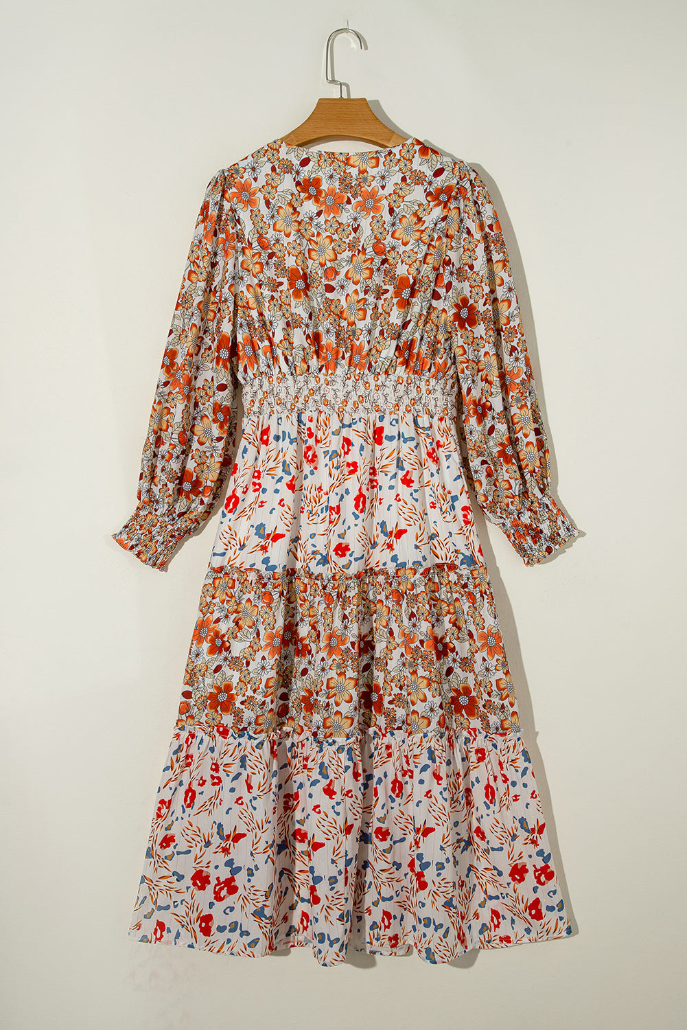 Floral V-Neck Ruffle Long Sleeve Midi Dress