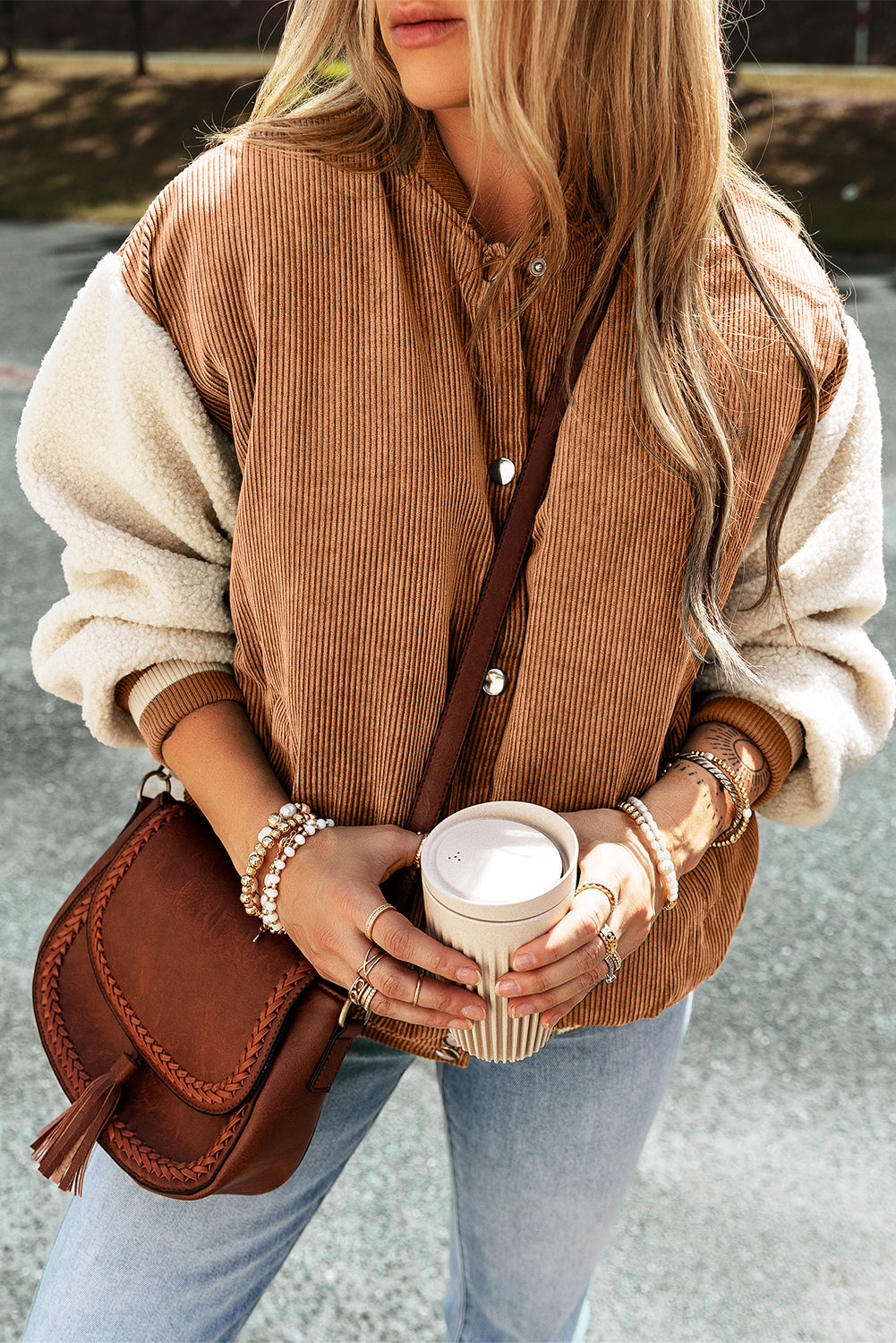 Colorblock Corduroy Fleece Patchwork Button-Up Bomber Jacket