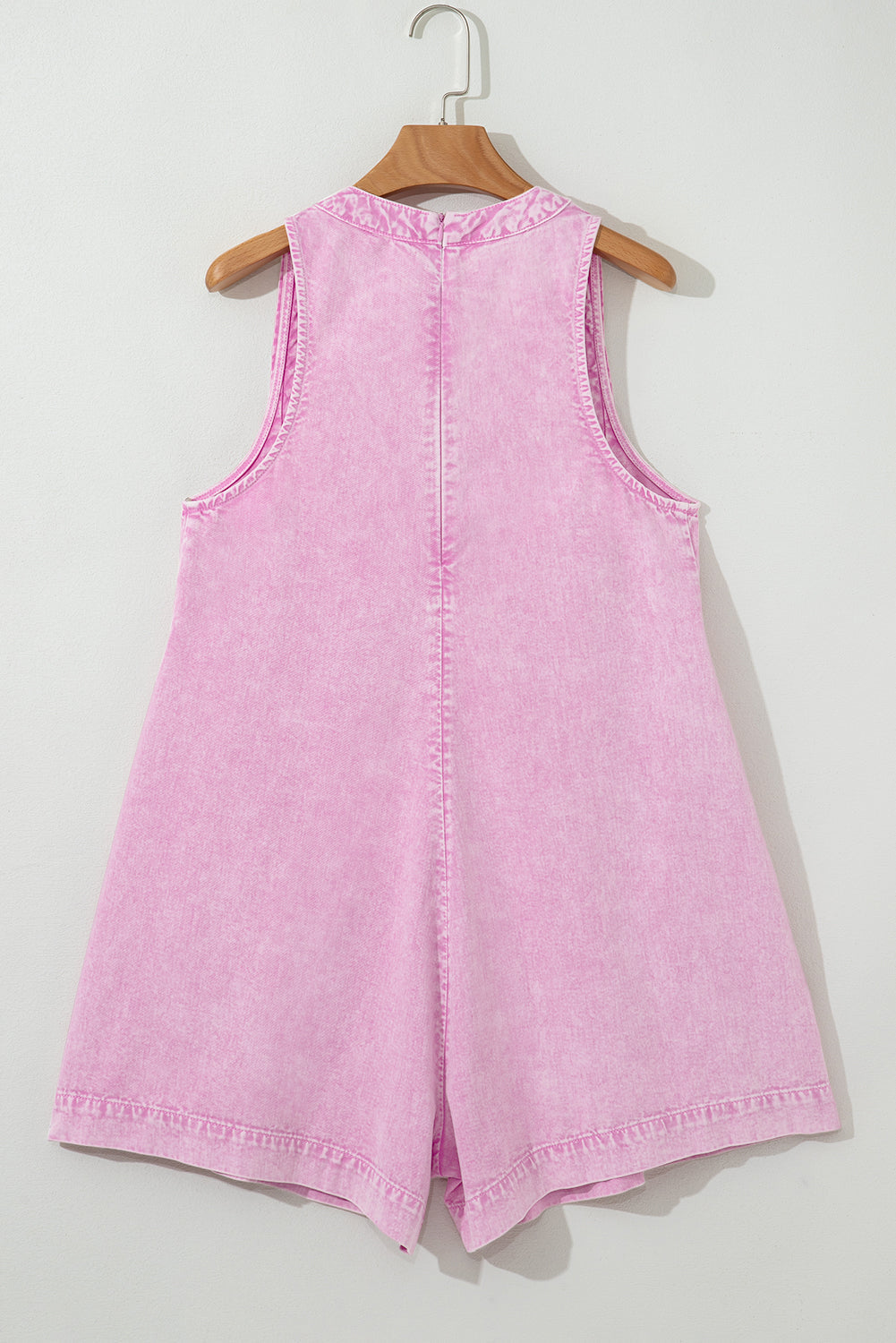 Denim Mineral Wash Pleated V-Neck Romper