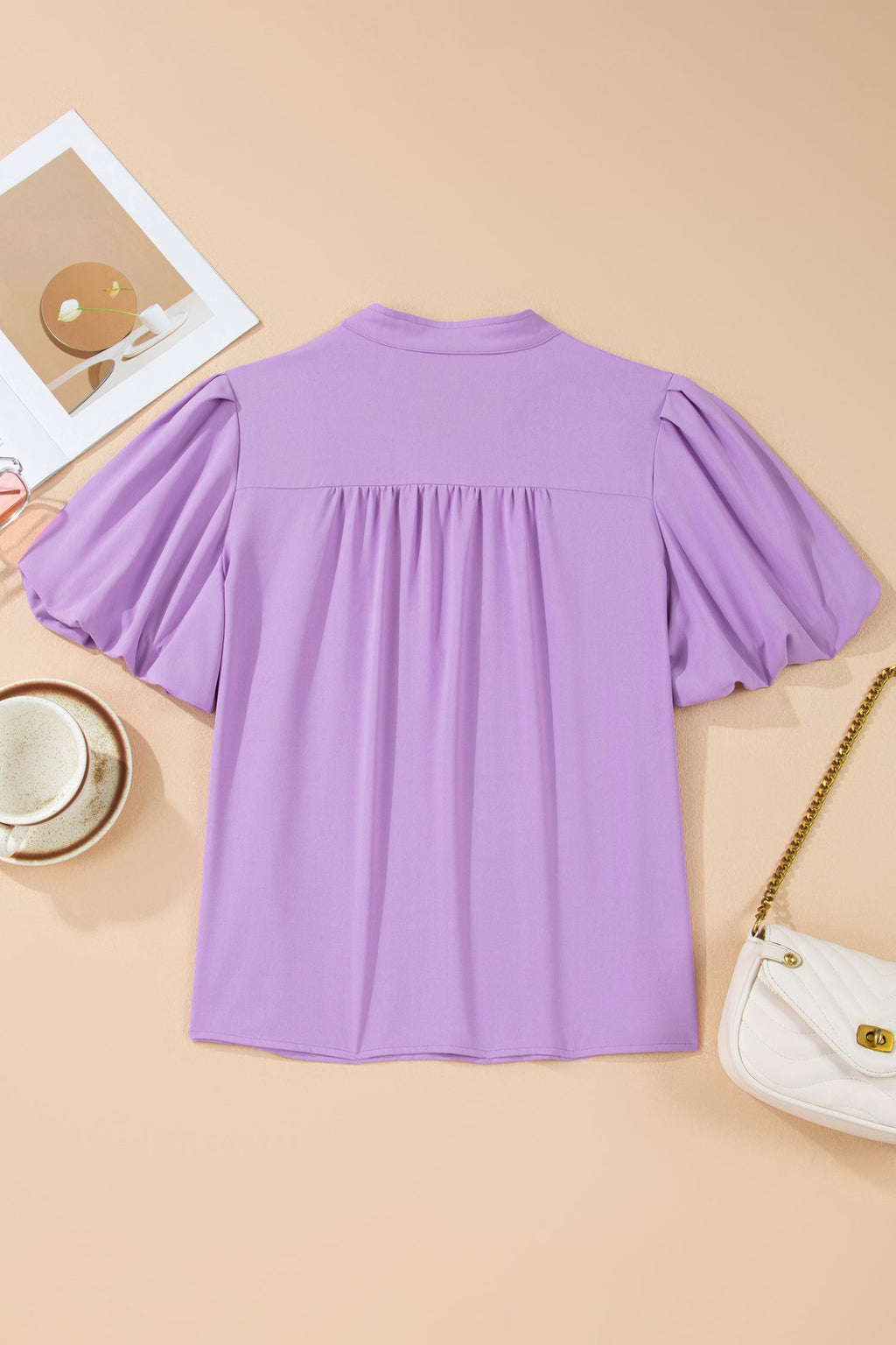 Solid Puff Sleeve Notched V-Neck Blouse