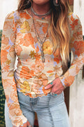 Floral Mesh Lettuce Trim Long Sleeve Top