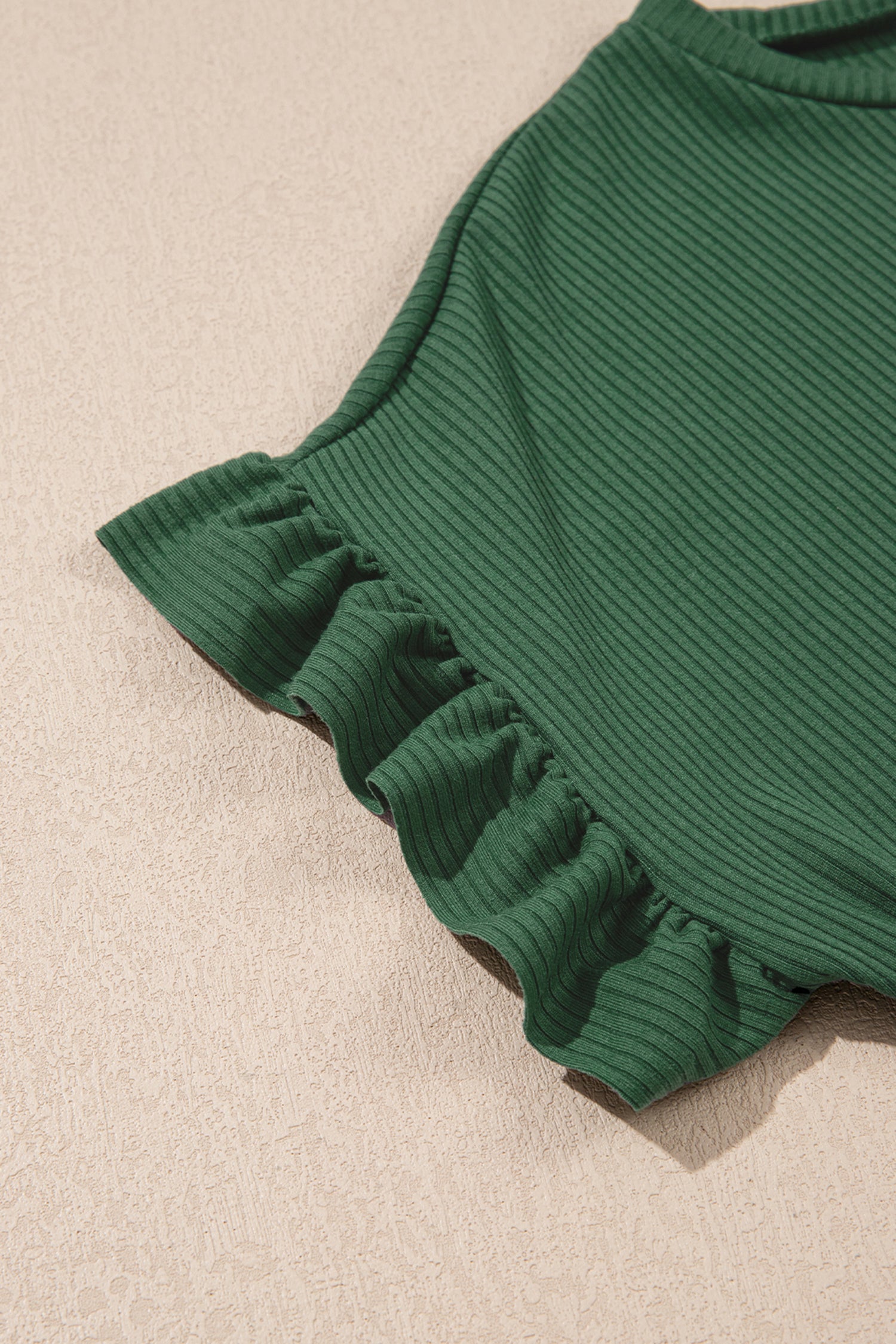 Solid Ribbed Knit Ruffle Short Sleeve T-Shirt