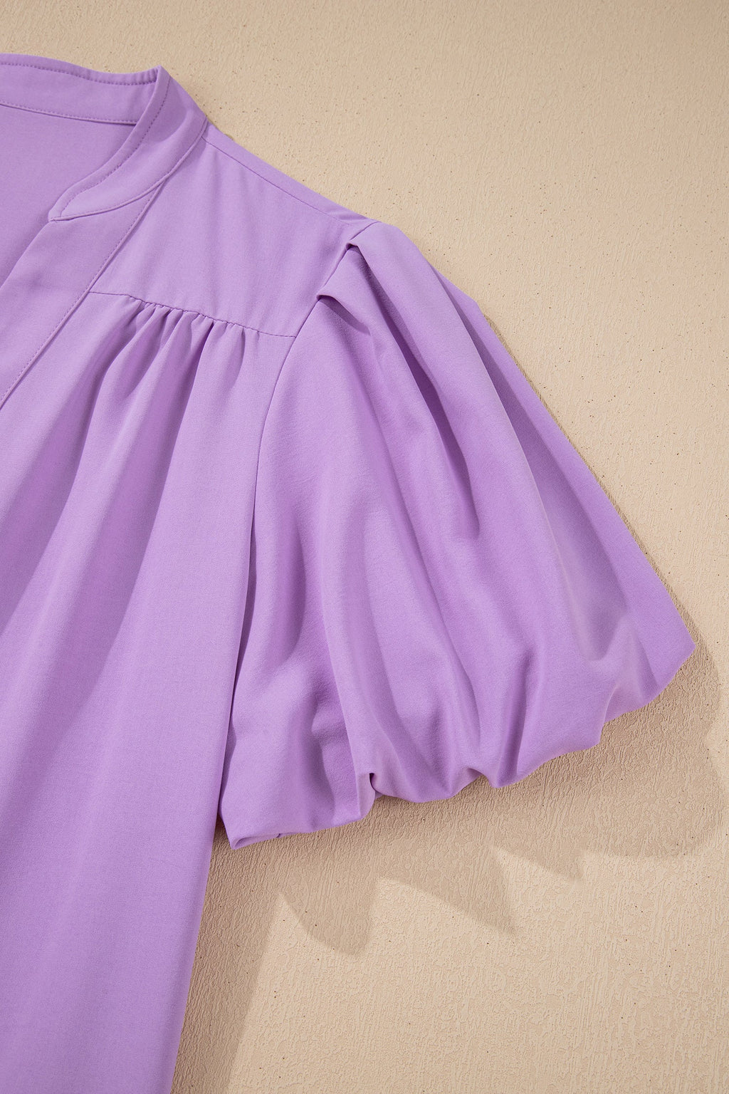 Solid Puff Sleeve Notched V-Neck Blouse