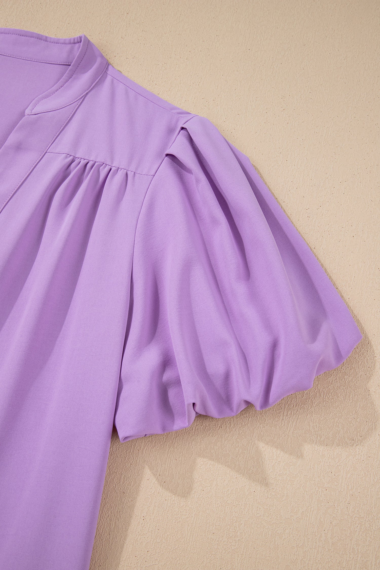 Solid Puff Sleeve Notched V-Neck Blouse
