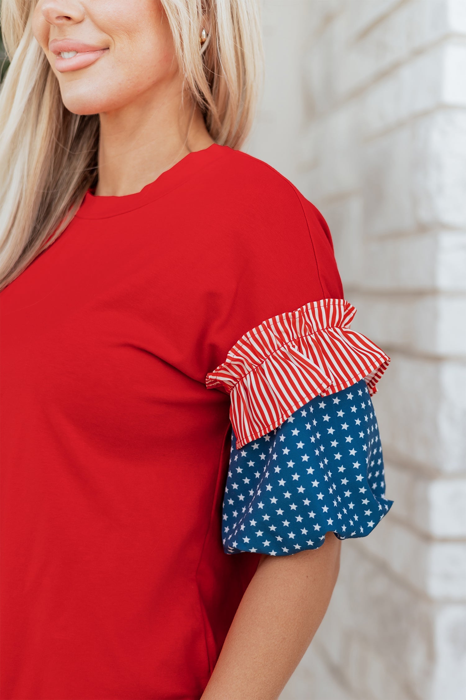 Stars & Stripe Patchwork Short Puff Sleeve Top