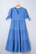 Gingham Bow Tie Short Sleeve Tiered Midi Dress
