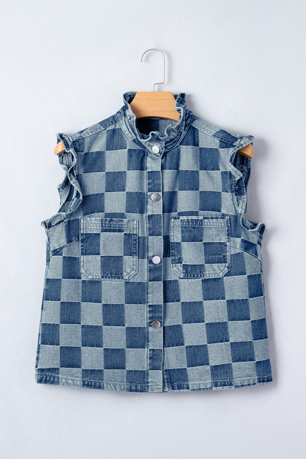 Checker Ruffle Trim Button Down Denim Vest