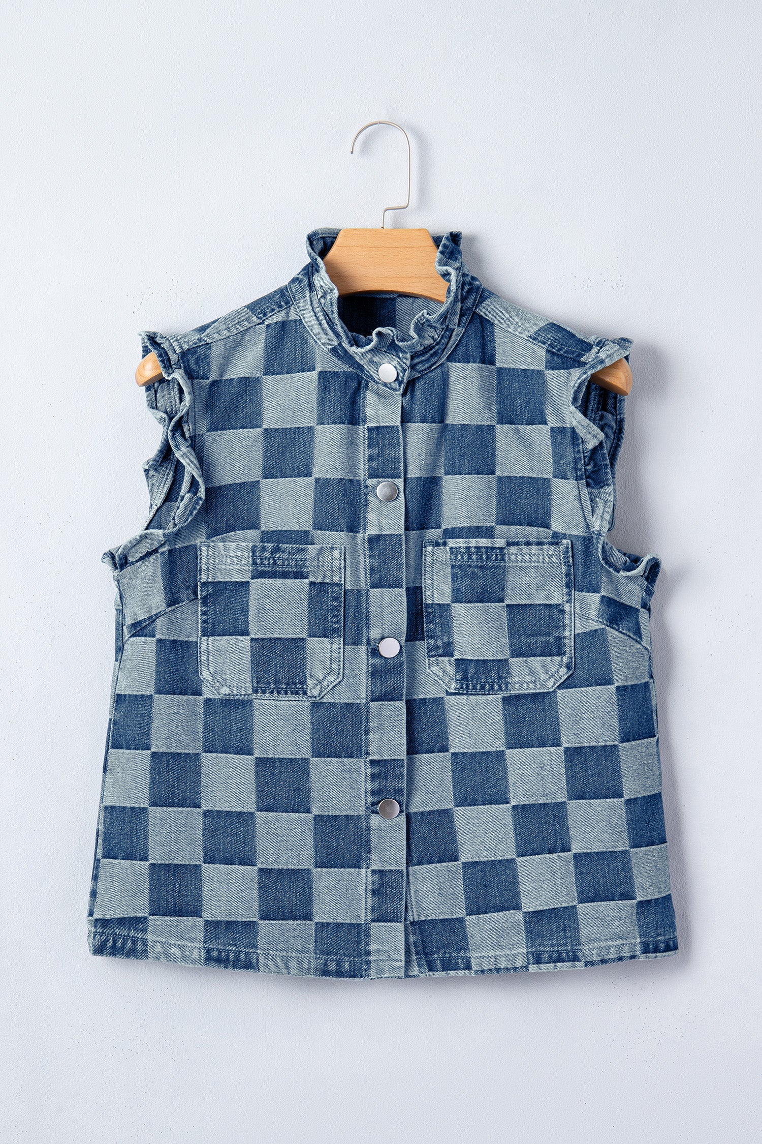 Checker Ruffle Trim Button Down Denim Vest