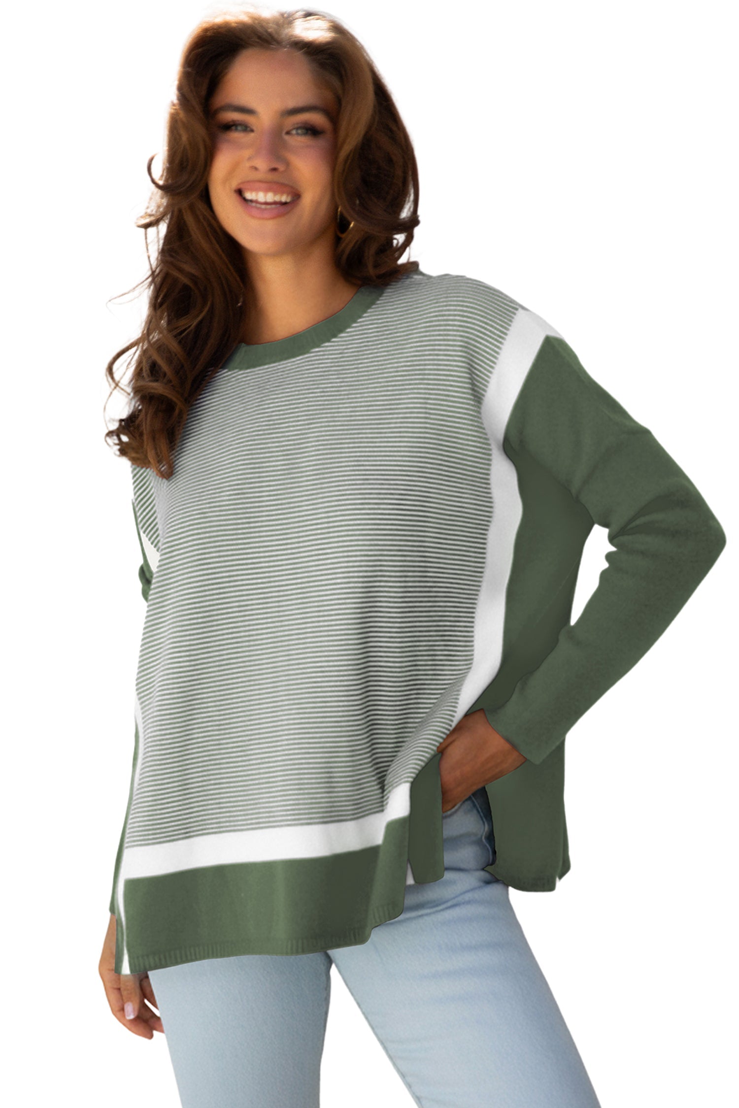 Stripe Colorblock Patchwork Dolman Sleeve Sweater